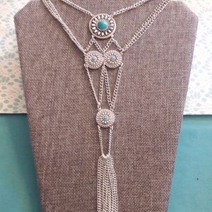 Silver tone fashion necklace w/ faux turquoise (2)